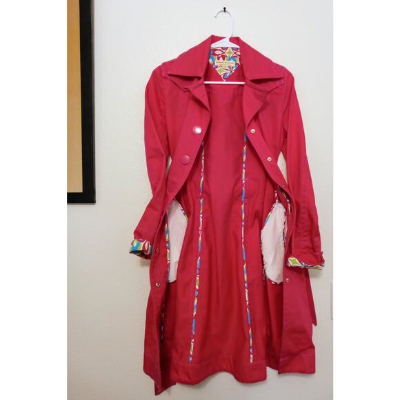 Vintage Y2K Tommy Jeans Women’s Hot Pink Trench Coat Jacket Floral Trim SZ S/P - Picture 3 of 12